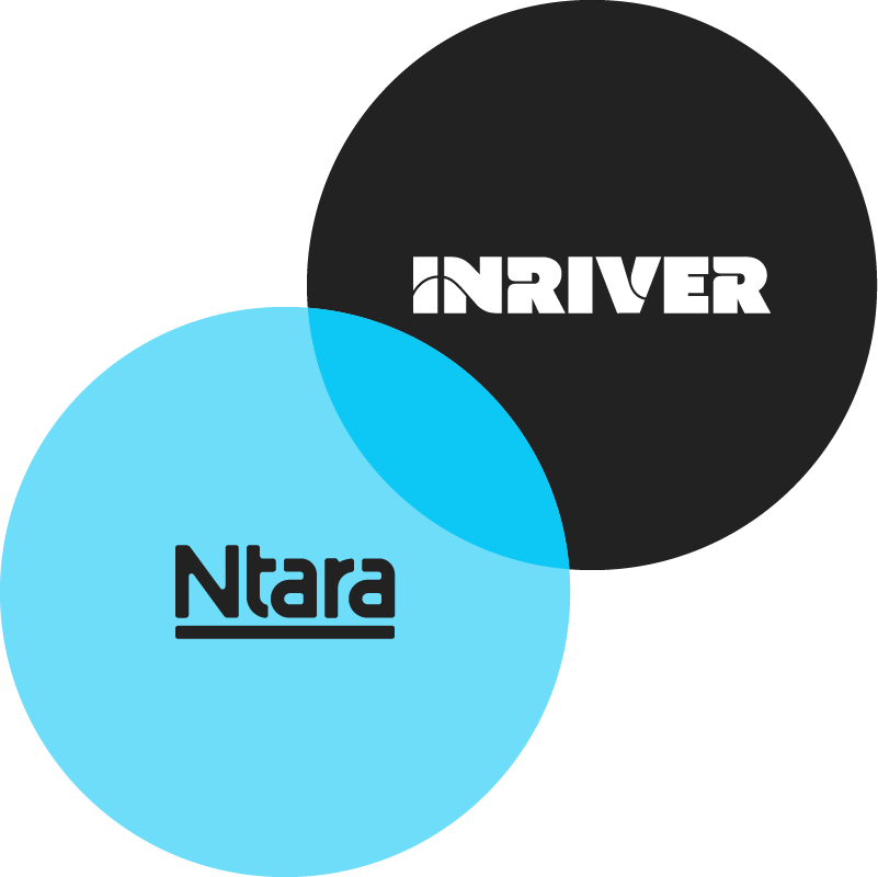 Illustration showing two overlapping circles. On the top right, a black circle with the inriver logo in the center. On the bottom left, a blue circle with the Ntara logo.