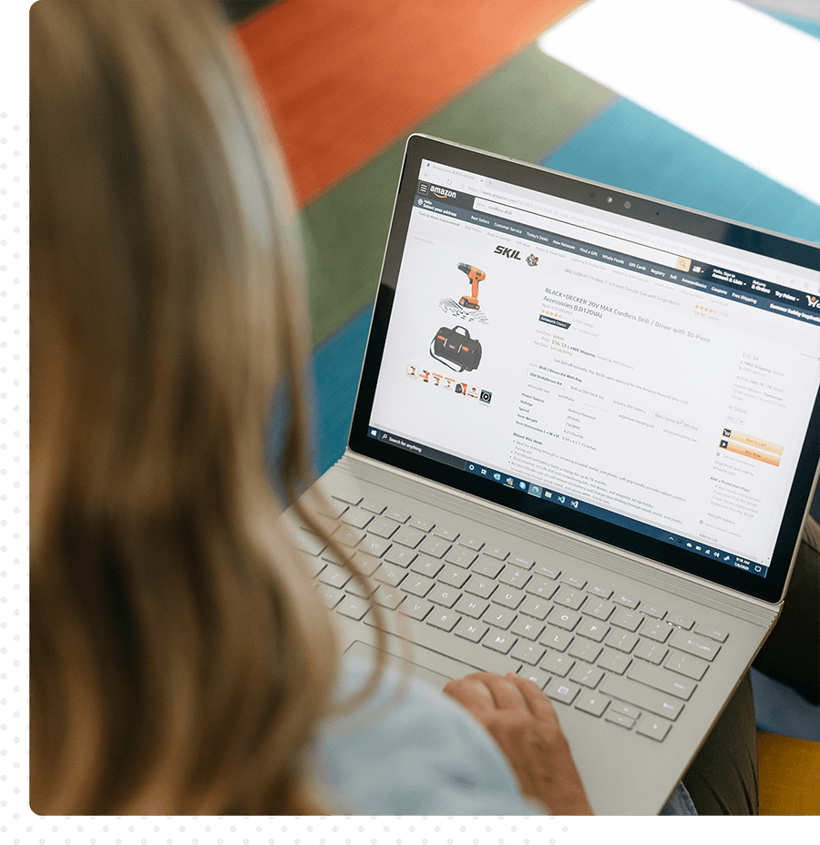 Woman looking at a product on amazon on her computer