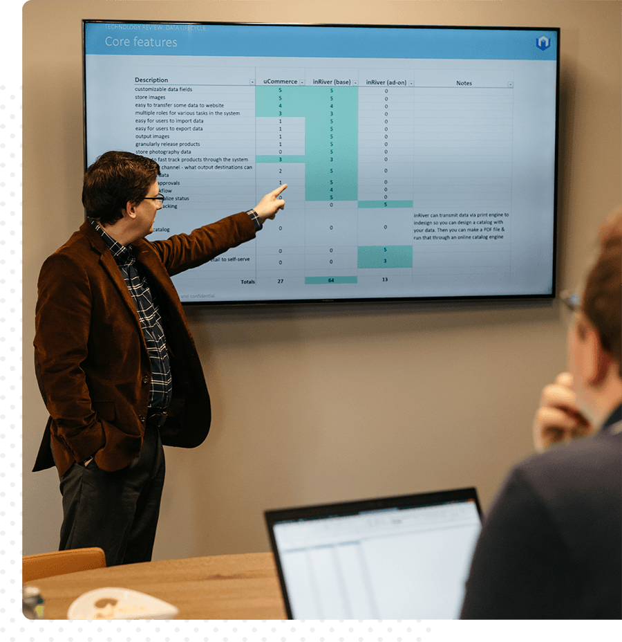 A man presenting a competitive analysis in a conference room.