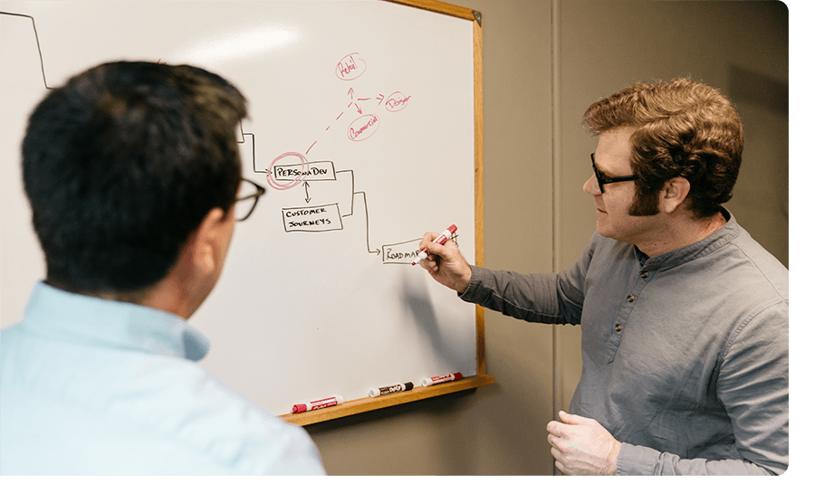Two men with glasses and brown hair working on a white board.