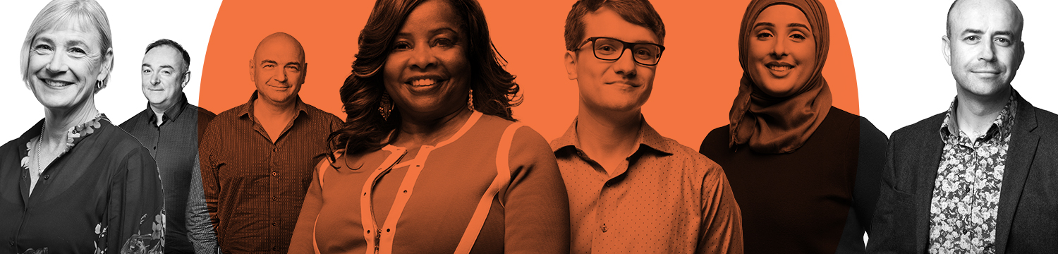 An image from the Teradata website--four people standing next to each other. The image is monochromatic orange.