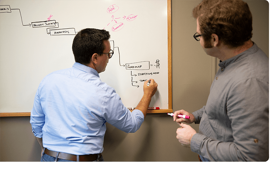 Two male employees draw something on whiteboard.