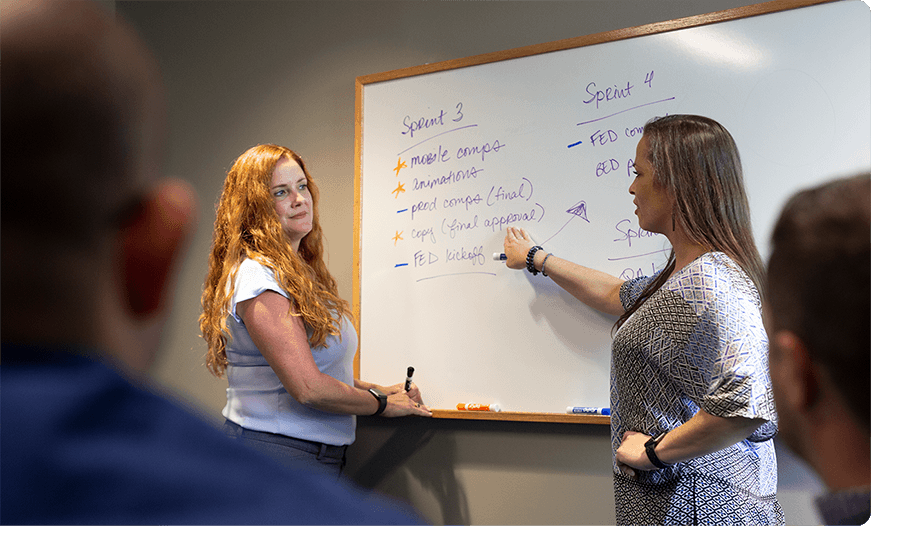 Two women work together on a whiteboard.