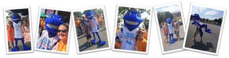 A montage of 6 photos showing different football fans with the Blue Lizard mascot.