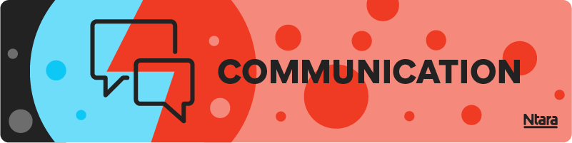Illustration representing communication. Talk box icons in gradient black. Abstract design with red, blue, black, and gray circles in the background.
