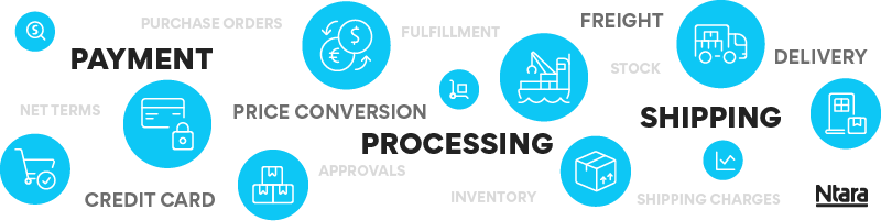 Illustration of bubbles that represent the many factors that need to be considered about ecommerce transactions: payment, purchase orders, net terms, credit cards, price conversion, processing, approvals, inventory, fulfillment, freight, shipping, stock, shipping charges, delivery, and more.