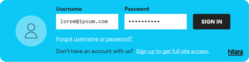 Illustration showing a typical B2B website login. It has a placeholder image for the profile picture and open fields for username and password, with a CTA that says “sign in.” It also has options for people who have forgotten their username or password, as well as those who don’t have an account and need to sign up.