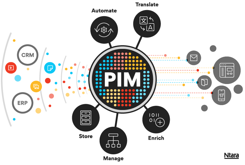 Illustration showing product information management (PIM) software as the center of the digital ecosystem. PIM can ingest data from systems such as the CRM and ERP. Within the PIM, data can be stored, managed, enriched, automated, and translated. And PIM can syndicate data to a number of downstream channels.