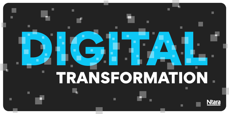 The words “digital transformation” with “digital” highlighted in blue and “transformation” in white. Pixel-like boxes appear throughout the illustration.