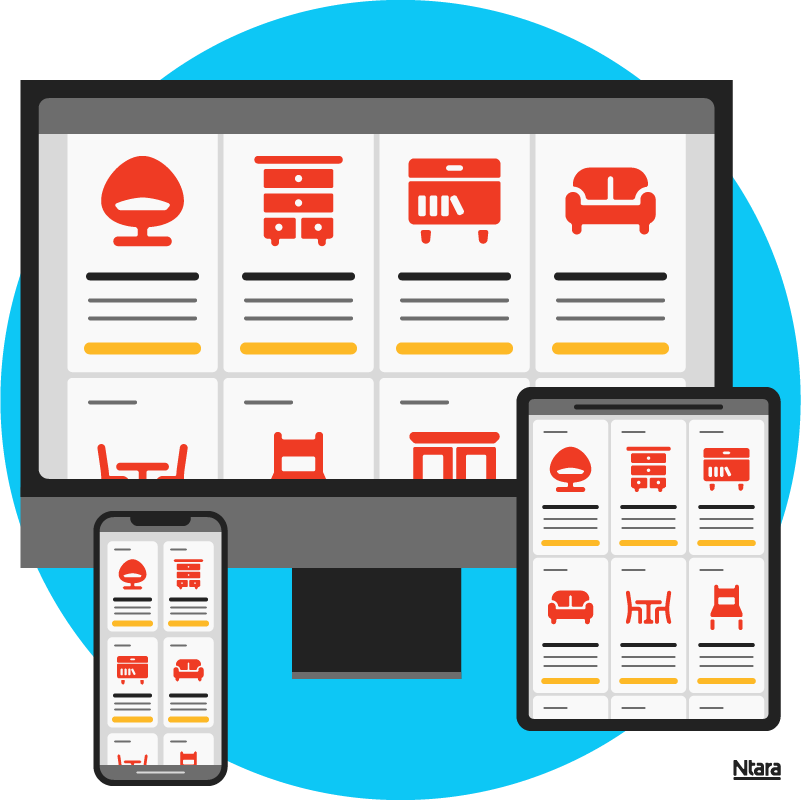 Illustration showing various products listed with the same detail across desktop, mobile, and tablet screens. Products on each screen are represented by red icons (chair, dresser, TV stand, sofa). Black lines under each icon represent product data, and yellow lines underneath that represent CTAs. In the background.