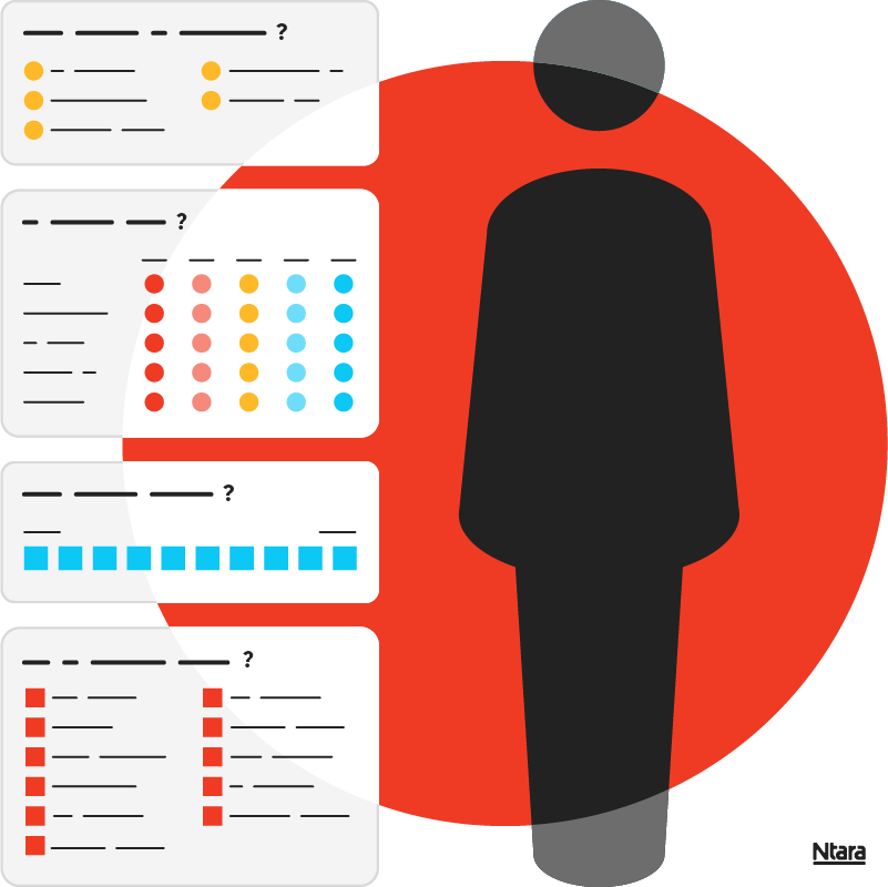 Giant red circle with a person icon. To the left, multiple callout boxes with red, yellow, and blue circles and black lines—representing various types of data.