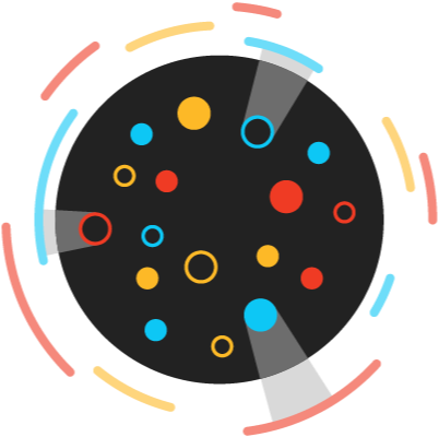 Illustration with yellow, red, and blue circles on a black circle background. Some of these colorful circles project an exploratory gray "light" outside the black circle. On the outside of the black circle, rounded red, yellow, and blue lines. 