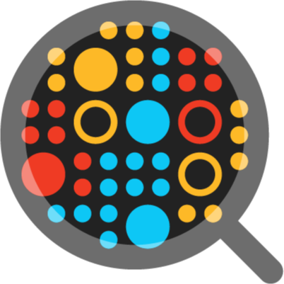Illustration of a magnifying glass showing various sizes of red, yellow, and blue circles that represent various types of data that can be audited