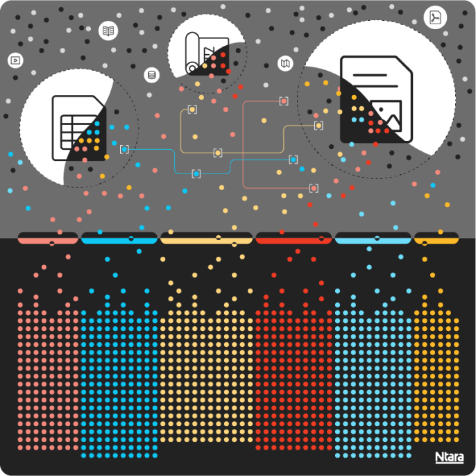 Illustration with icons representing different data sources at the top, each of which are dissolving into tiny red, blue, and yellow circles that represent data. 