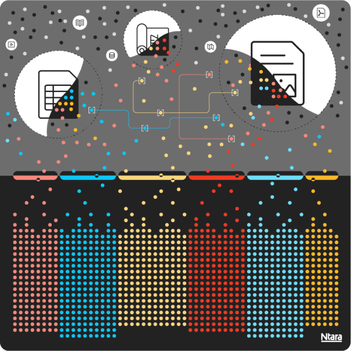Product-data-audit-what-is-a-product-data-audit-1 Illustration with icons representing different data sources at the top, each of which are dissolving into tiny red, blue, and yellow circles that represent data.