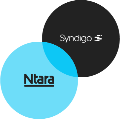 Illustration showing two overlapping circles. On the top right, a black circle with the Syndigo logo in the center. On the bottom left, a blue circle with the Ntara logo.