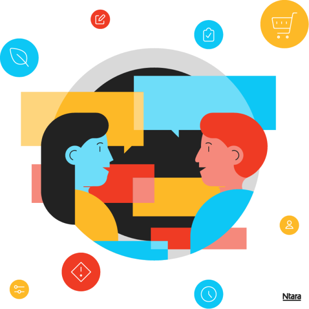 inriver-PIM-software-implementation-Getting-started-1 Illustration of two abstract people (a man and a woman) talking, as indicated by red, yellow, and blue talk boxes in the background. Surrounding the illustration are circles in red, yellow, and blue, representing the various types of data collected during the first implementation meeting—ecommerce requirements, preferences, things to avoid, etc.