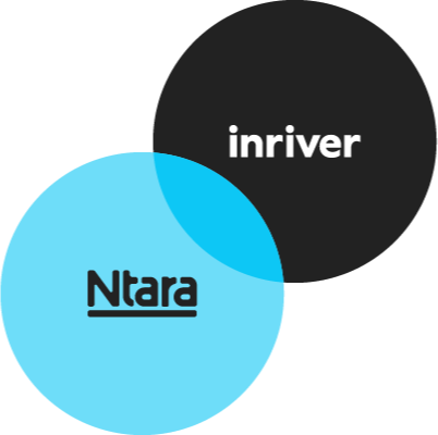 Illustration showing two overlapping circles. On the top right, a black circle with the inriver logo in the center. On the bottom left, a blue circle with the Ntara logo.