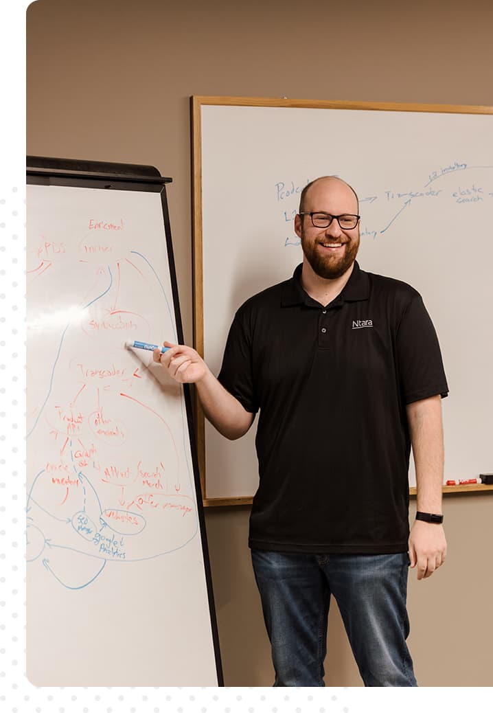 Man standing at whiteboard smiling