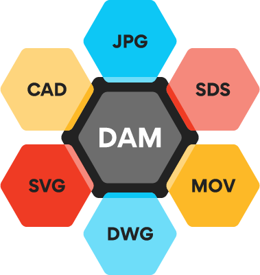 Digital asset management - icon Illustration showing what types of files go into a digital asset management system. At the center is a black hexagon with the acronym DAM in the center Overlapping that hexagon on each side is a different colored hexagon: JPG in blue, SDS in light red, MOV in yellow, DWG in light blue, SVG in red, and CAD in light blue.
