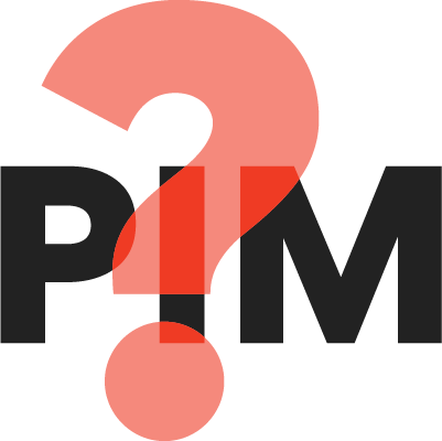 Illustration with bold black letters PIM and an overlay of a red, semi-transparent question mark.