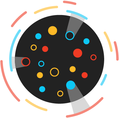 Illustration with yellow, red, and blue circles on a black circle background. Some of these colorful circles project an exploratory gray "light" outside the black circle. On the outside of the black circle, rounded red, yellow, and blue lines.