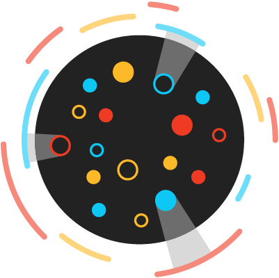 Illustration with yellow, red, and blue circles on a black circle background. Some of these colorful circles project an exploratory gray "light" outside the black circle. On the outside of the black circle, rounded red, yellow, and blue lines. 