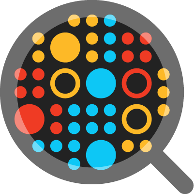 Icon of a gray magnifying glass with circles inside of varying shapes, sizes, and colors.