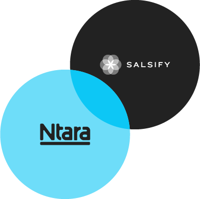 Illustration showing two overlapping circles. On the top right, a black circle with the Salsify logo in the center. On the bottom left, a blue circle with the Ntara logo.