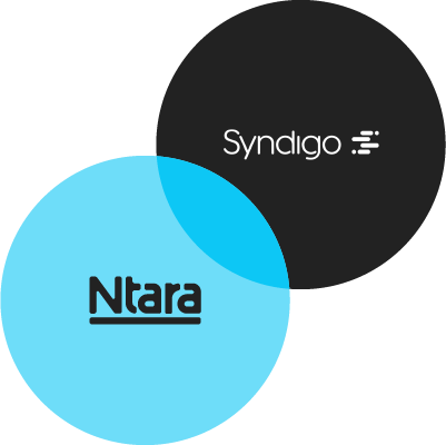 Illustration showing two overlapping circles. On the top right, a black circle with the Syndigo logo in the center. On the bottom left, a blue circle with the Ntara logo.
