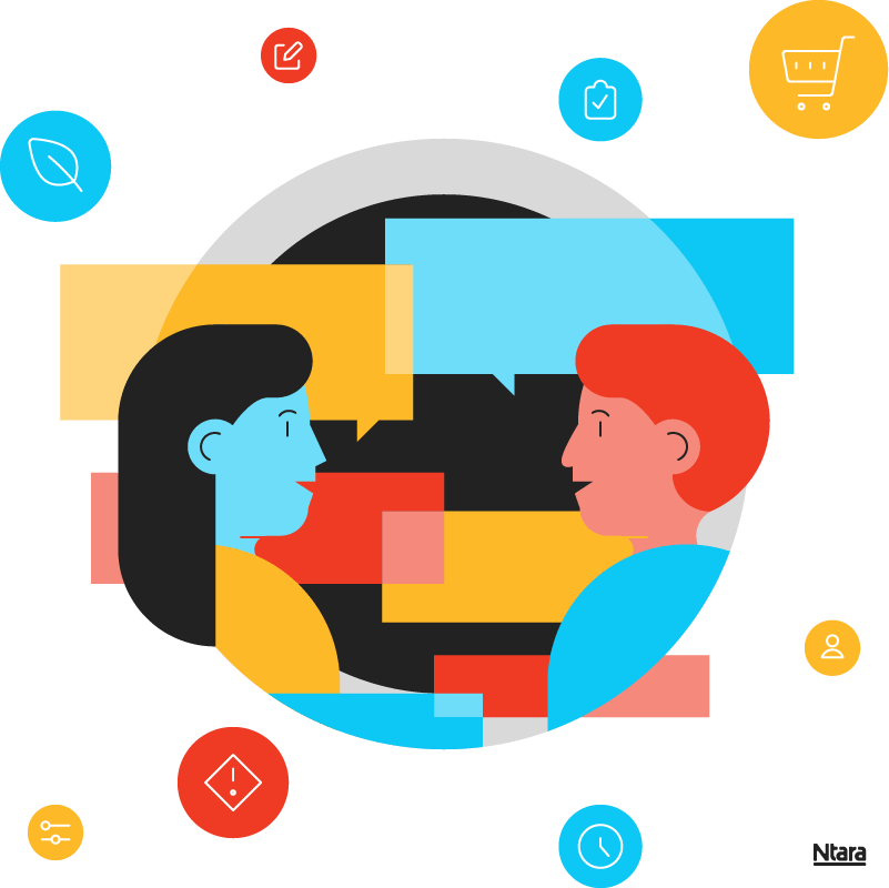 Illustration of two abstract people (a man and a woman) talking, as indicated by red, yellow, and blue talk boxes in the background. Surrounding the illustration are circles in red, yellow, and blue, representing the various types of data collected during the first implementation meeting—ecommerce requirements, preferences, things to avoid, etc.