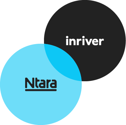 Illustration showing two overlapping circles. On the top right, a black circle with the inriver logo in the center. On the bottom left, a blue circle with the Ntara logo.