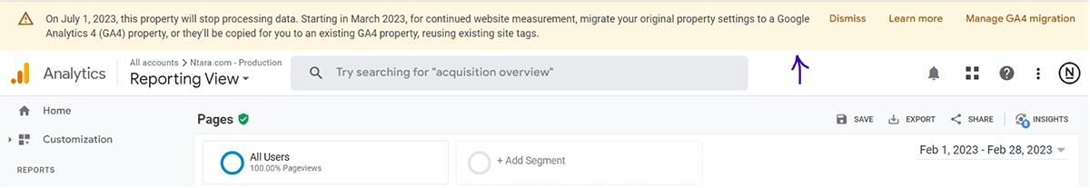 Screenshot from Google Analytics showing a yellow notification that says "on July 1, 2023, this property will stop processing data. Starting March 2023, for continued website measurement, migrate your original property settings to a Google Analytics 4 (GA4) property, or they'll be copied for you to an existing GA4 property, reusing existing site tags."