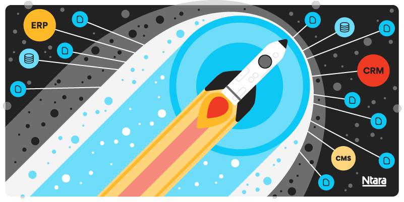 Illustration of a rocket ship launching. On the left are multiple circles in different shapes and colors. One is labeled ERP. On the right are more circles in different shapes and colors. One is labeled CRM and another is labeled CMS.
