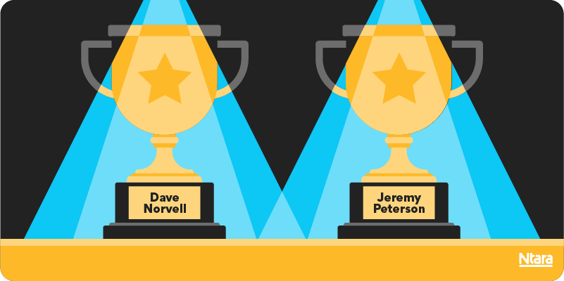 Illustration of two gold trophies with blue spotlights. One says Dave Norvell and the other says Jeremy Peterson.