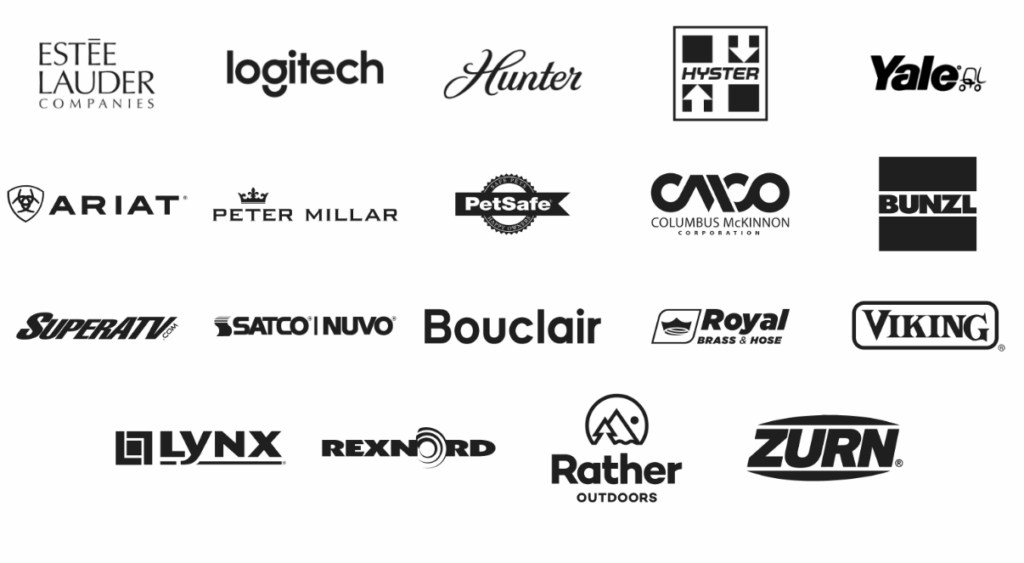 List of brand logos including Estee Lauder, Logitech, Hunter, Hyster, Yale, Ariat, Peter Millar, PetSafe, Columbus McKinnon, Bunzl, SuperATV, SATCO|NUVO, Bouclair, Royal Brass & Hose, Viking, Lynx, Rexnord, Rather Outdoors, and Zurn.