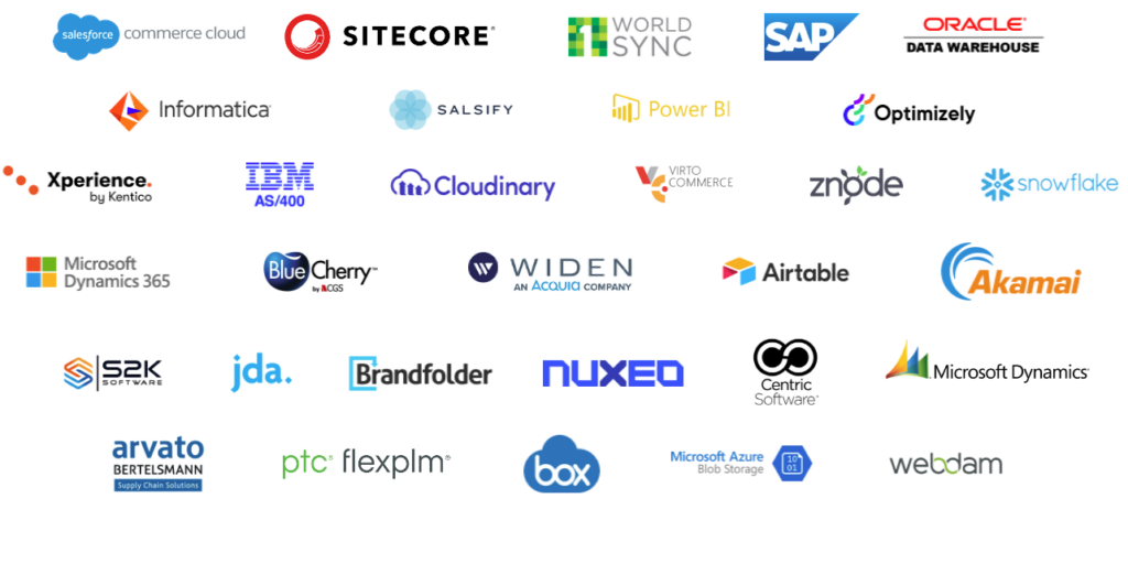 List of software companies that Ntara has integrated with PIM, including: Salesforce Commerce Cloud, Sitecore, 1 World Sync, SAP, Oracle, Informatica, Salsify, Power BI, Optimizely, Xperience by Kentico, IBM AS/400, Cloudinary, Virto Commerce, Znode, Snowflake, Microsoft Dynamics 365, Blue Cherry, Widen, Airtable, Akamai, S2K, JDA, Brandfolder, Nuxeo, Centric Software, Microsoft Dynamics, Arvato, FlexPLM, Box, Microsoft Azure, and Webdam.