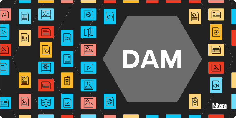 Illustration with a large gray hexagon on the left with the acronym DAM in the center. In the background are several rectangles in various colors with various black icons in the center. These represent various asset types that can be stored inside DAM software. 