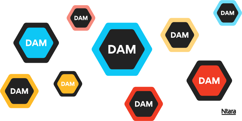 Illustration of hexagons in various shapes, sizes, and colors. All say “DAM” in the middle, representing a variety of DAM software. 