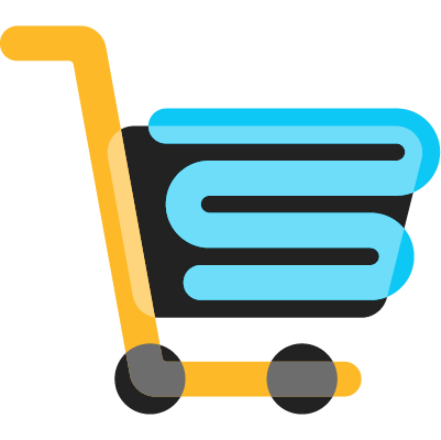 Illustration of a shopping cart in black, yellow, and blue.