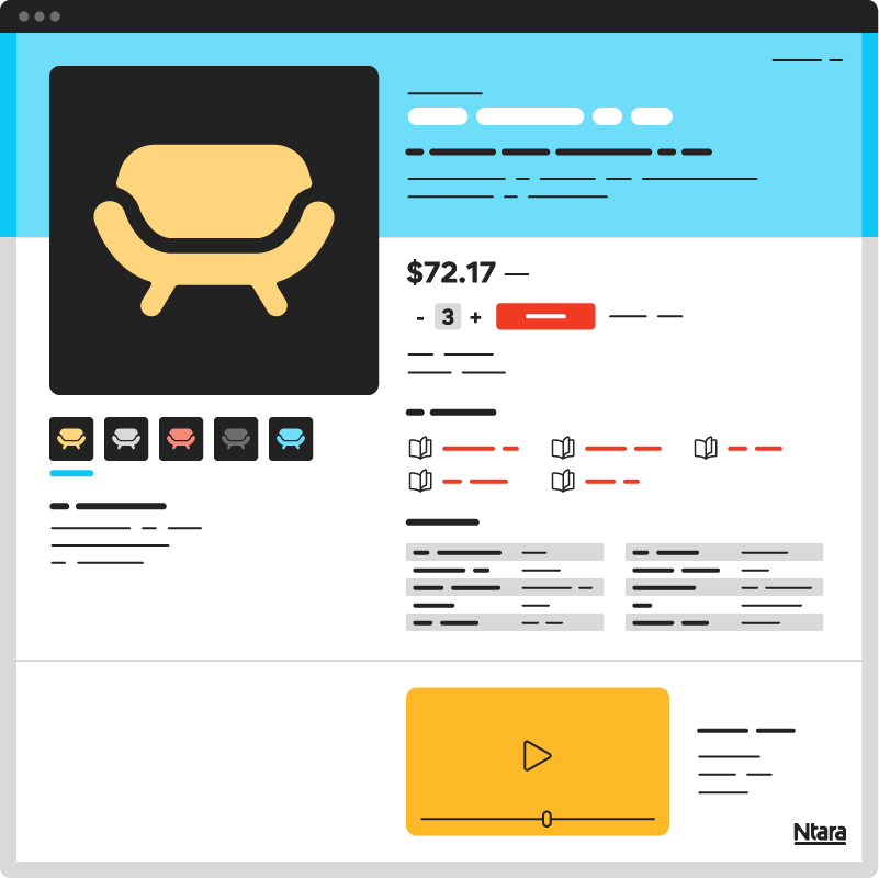 Illustration of an ecommerce product page for a sofa. It includes color options in yellow, white, red, gray, and blue. It shows the price at $72.17. And various icons, numbers, and lines throughout the page represent the various elements of a product detail page.