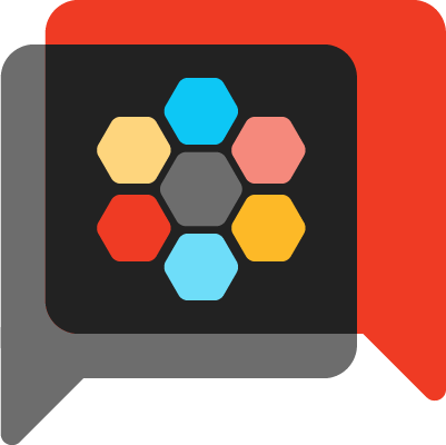 Illustration of two overlapping talk bubbles, one in black and one in red. At the intersection of the two bubbles is another illustration representing DAM software. The gray hexagon in the center represents DAM software and the yellow, blue, and red hexagons around it represent various types of digital assets.