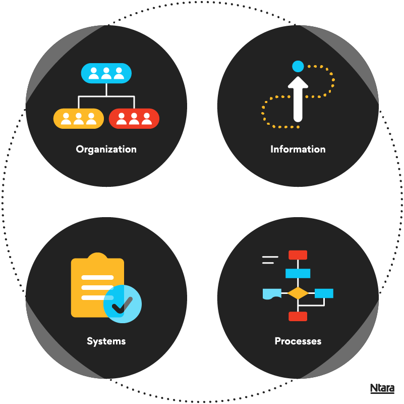 Illustration showing what someone should consider when planning a DAM implementation. Top left, a black circle labeled organization with people icons in blue, yellow, and red. Top right, a black circle labeled information with a white arrow pointing upward toward a blue dot and a yellow dotted line swerving behind it. Bottom right, a black circle labeled processes with a flow chart of blue and red boxes and yellow diamonds, all connected by white lines. Bottom left, a black circle labeled systems with a yellow clipboard icon and a blue circle with a black checkmark. All circles are connected by a black dotted-line circle.