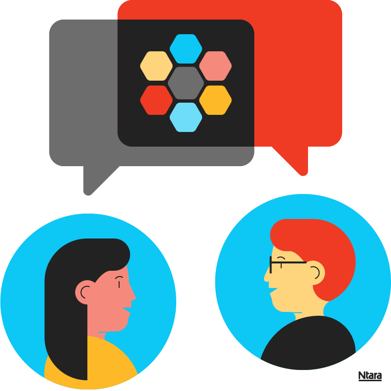 Illustration showing two people, a woman on the bottom left with black hair and a yellow shirt and a man on the bottom right in a black shirt with red hair. Above them are two overlapping talk bubbles, one in black and one in red. At the intersection of the two bubbles is another illustration representing DAM software. The gray hexagon in the center represents DAM software and the yellow, blue, and red hexagons around it represent various types of digital assets.