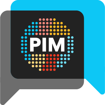 Illustration of two overlapping thought bubbles, black on the left and blue on the right. At the intersection, there are several colorful circles in various shades of blue, red, and yellow with the text "PIM" in the center.