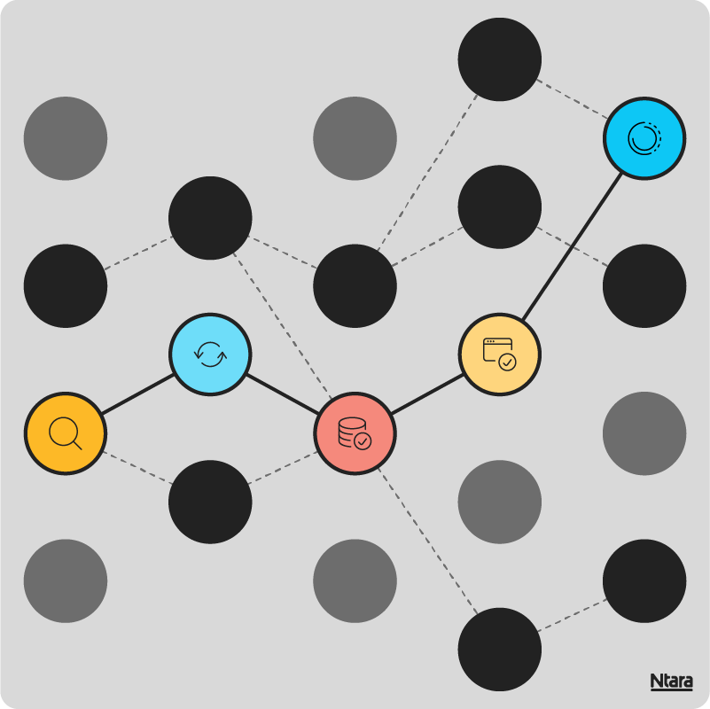 Illustration with various circles in black and gray. Some are connected by dotted lines. The circles in the center are yellow, blue, and red, and are connected by a solid line, indicating a relationship.