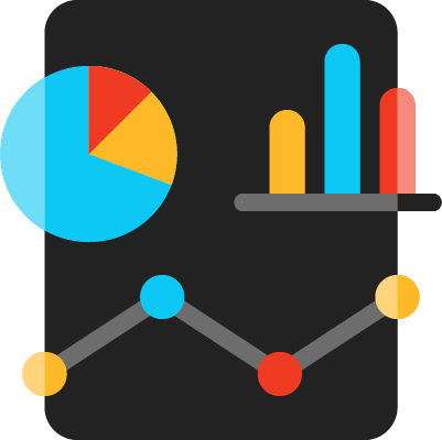 Illustration with black background and several colorful graphs - a pie graph, a line graph, and a bar graph all in blue, yellow, red and gray.