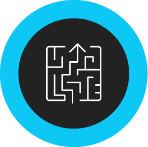 White icon of a maze with an arrow at the top on a black circular background with a blue outline