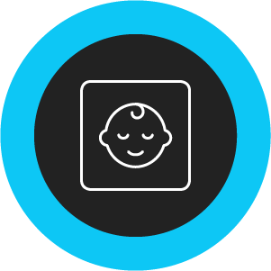 White icon of a baby face inside a box, on a black circular background with a blue outline.