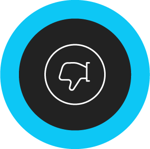 White icon of a thumbs down on a black circular background with a blue outline.